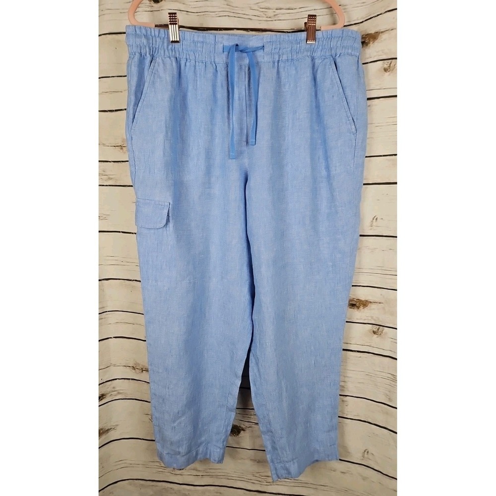 Talbots Blue Chambray Cargo Pull On Pants L Drawstring 100% Linen Cropped
